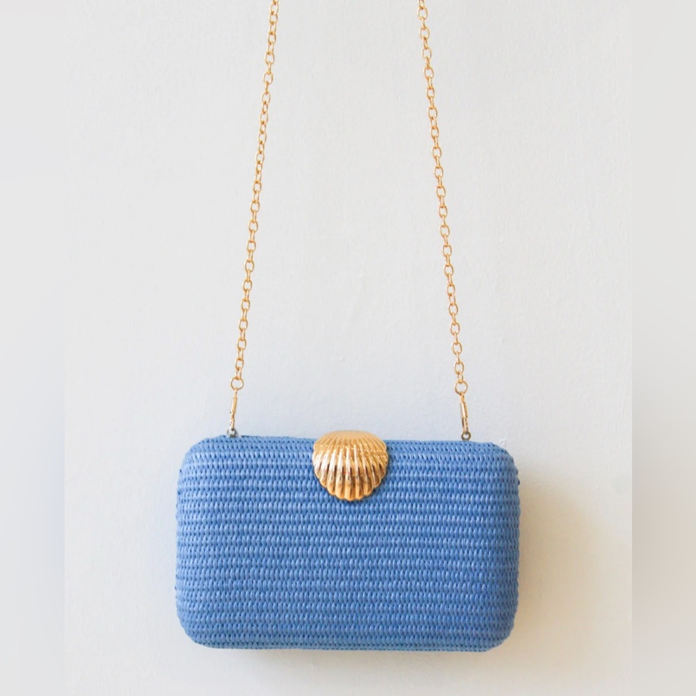 Blue Woven Clutch with Gold Shell Clasp